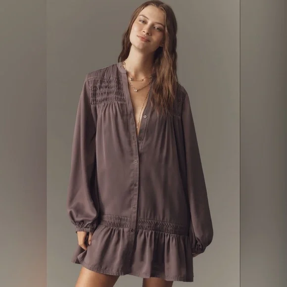 Pilcro Long-Sleeve V-Neck Mini Shirt Dress in Shark - Picture 1 of 4